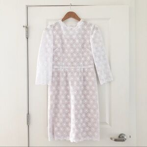 VTG Daisy Floral Eyelet Mod Sheath Dress Wedding High Neck Long Sleeves